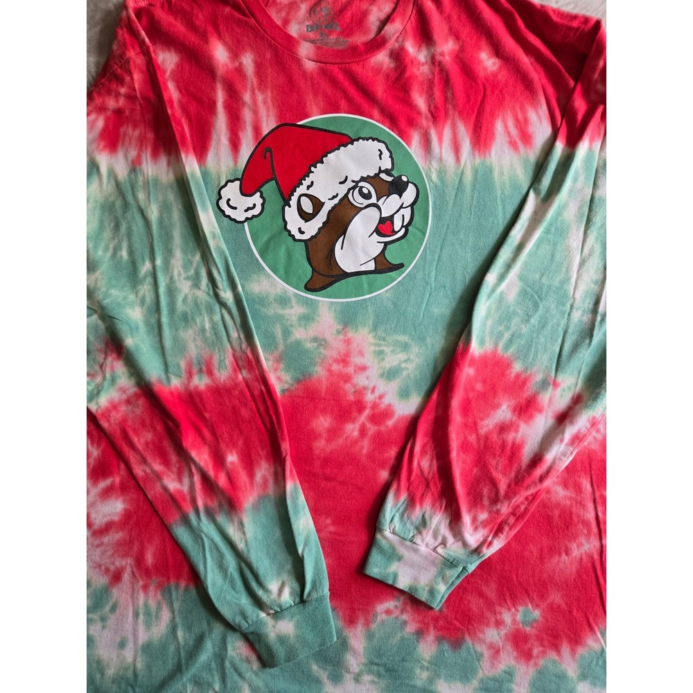 Buc-ee's Christmas Tie Dye Long Sleeve Shirt Mens XL Red Green Santa Beaver Tee